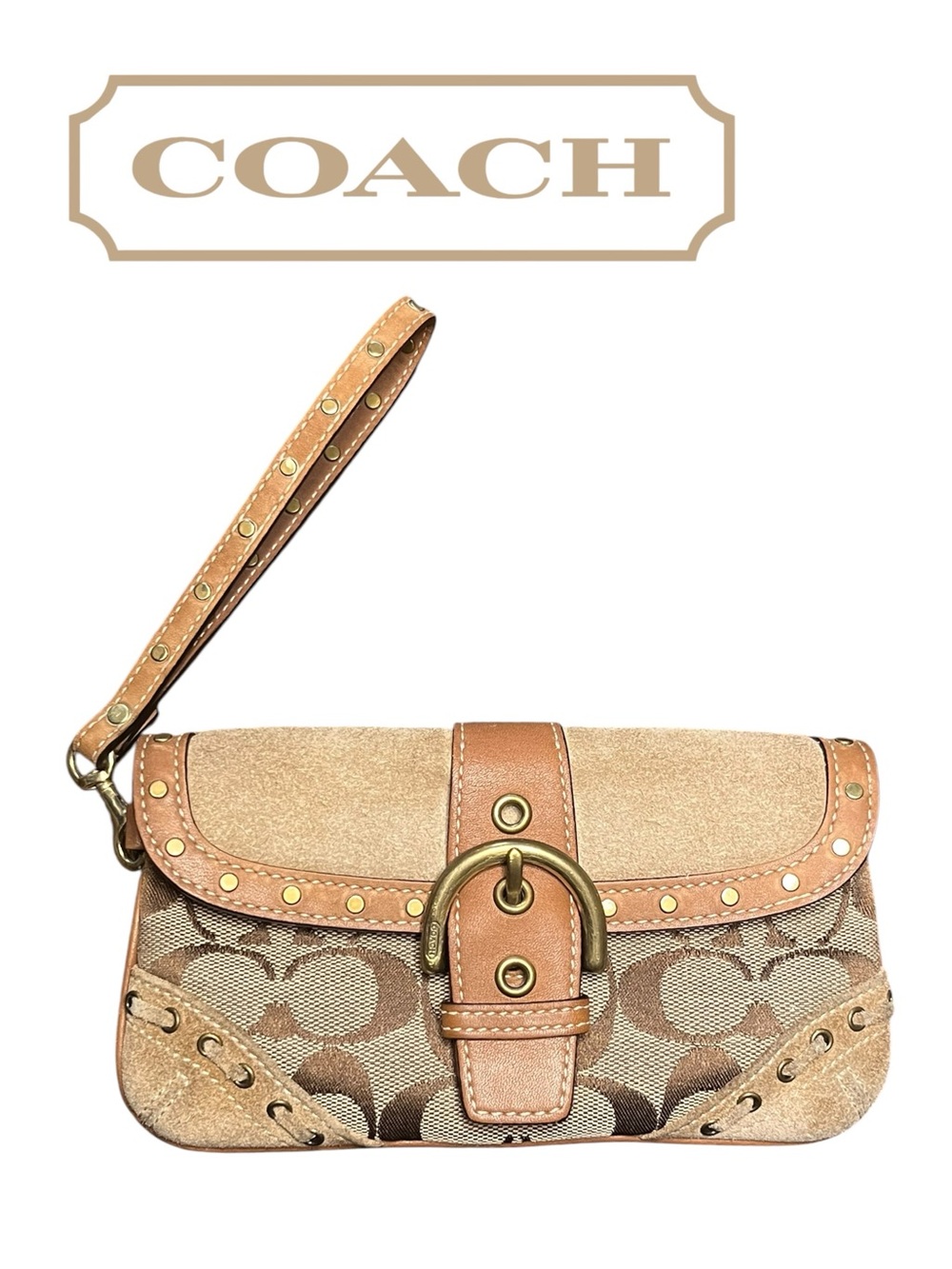 Coach Soho Suede Signature Studded Buckle Flap Wristlet Mini Purse Wallet